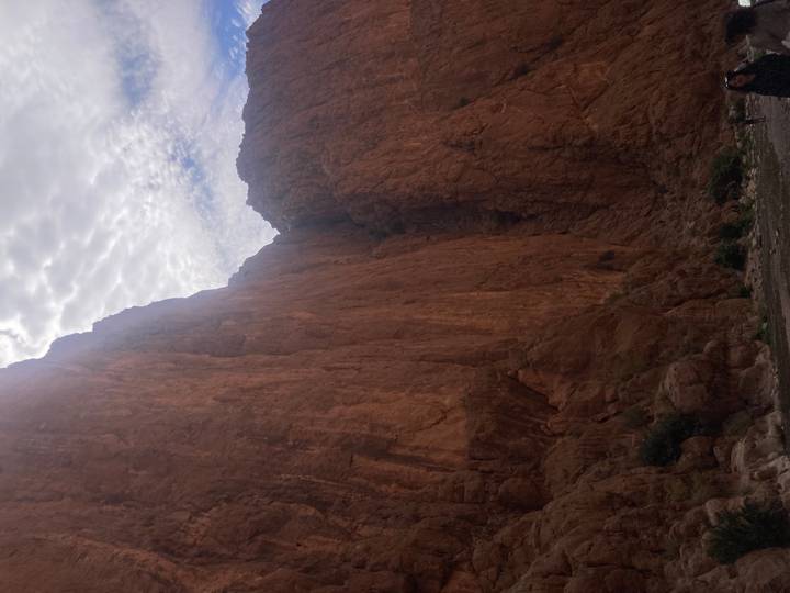 Towering red rock canyon walls rise toward a cloudy sky, casting deep shadows along the gorge floor.