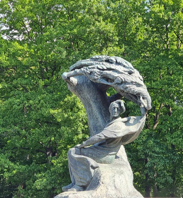 Close-up of the Chopin Monument framed by lush green park trees.