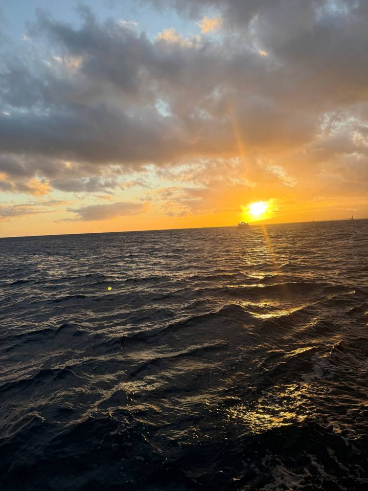 Golden sunset reflecting on rippling ocean waters with a distant boat