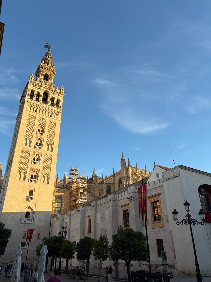 Tall historic bell tower with scaffolding beside cathedral buildings under blue sky.