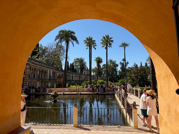 View through an ochre arch to the reflective pond and palm-lined gardens of the Alcázar.