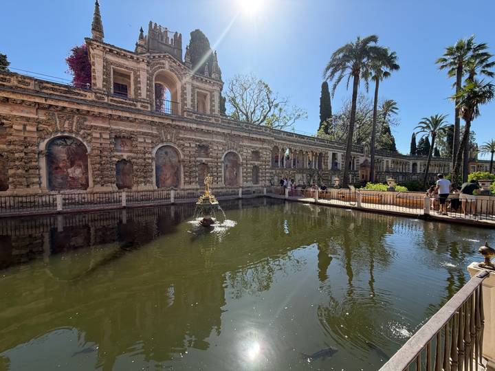 Wide shot of a palace façade reflecting in a pond within lush formal gardens.
