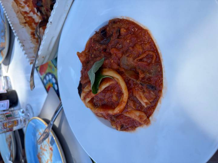 Close-up of a deep plate filled with rich red pasta sauce and squid rings, garnished with a fresh basil leaf on an outdoor dining table