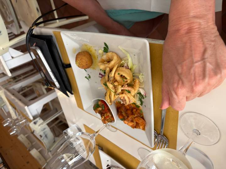 Seafood sampler with fried calamari, arancini and caponata on a white plate being enjoyed in a casual restaurant