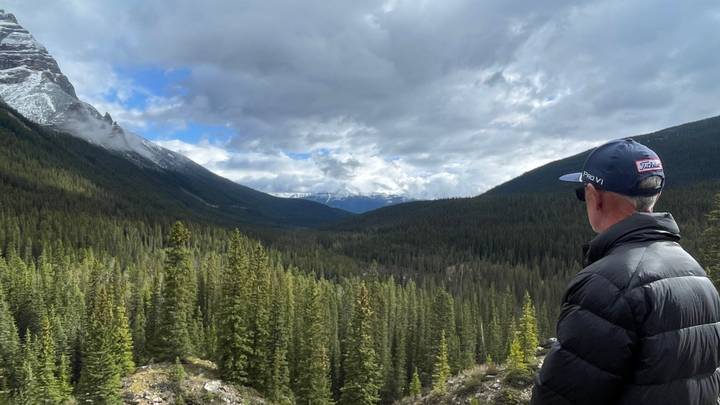 A man in a cap and puffer jacket admires a wide, forest-filled valley framed by snow-dusted peaks beneath a partly cloudy sky.