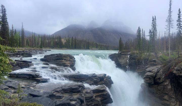 Powerful waterfall plunges through rugged rock formations with misty mountains and pine trees in the distance on a gray day.