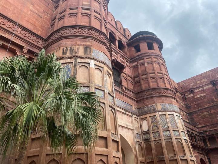 Massive red-sandstone walls and turrets of Agra Fort with palm trees in the foreground.