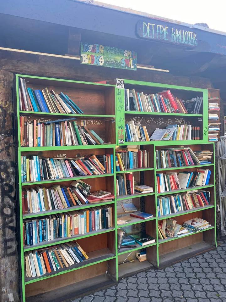 An outdoor community bookshelf painted green is filled with rows of assorted books and street art tags.