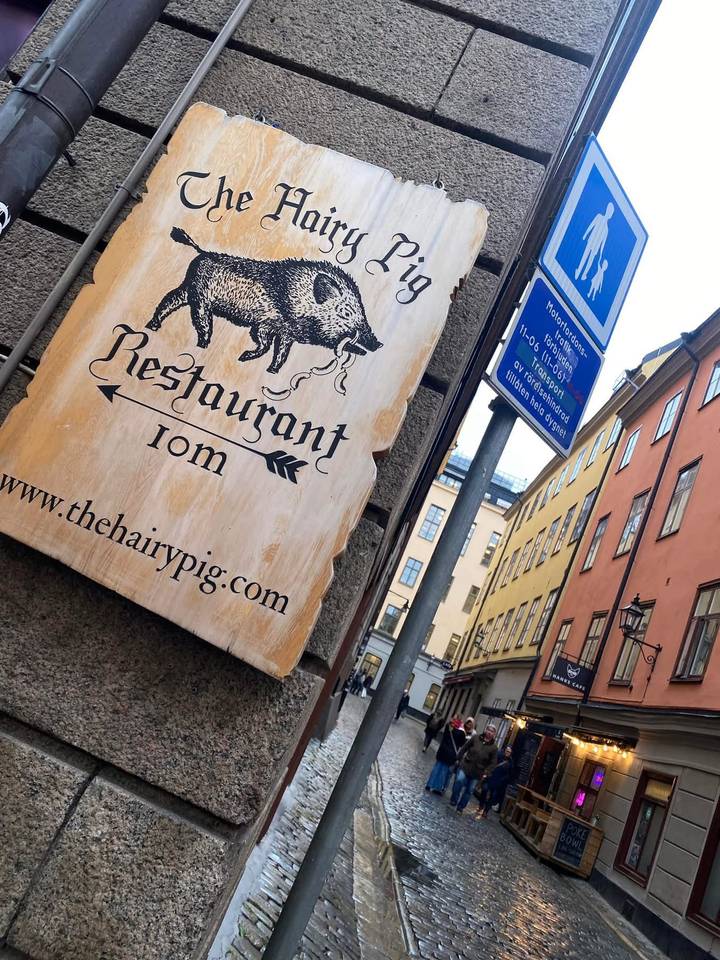 Wooden restaurant sign featuring a wild boar and narrow Stockholm street in the background.