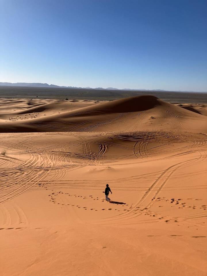 Vast rippled sand dunes with vehicle tracks and lone person walking across