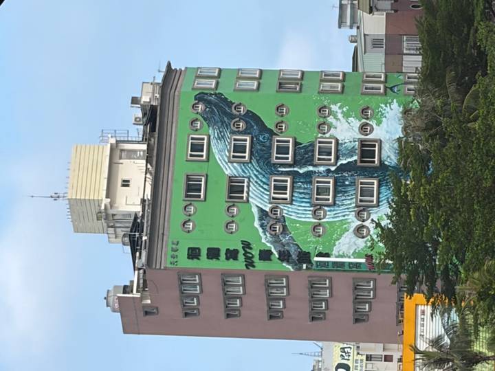 A mid-rise building painted with a giant green whale mural and many windows.