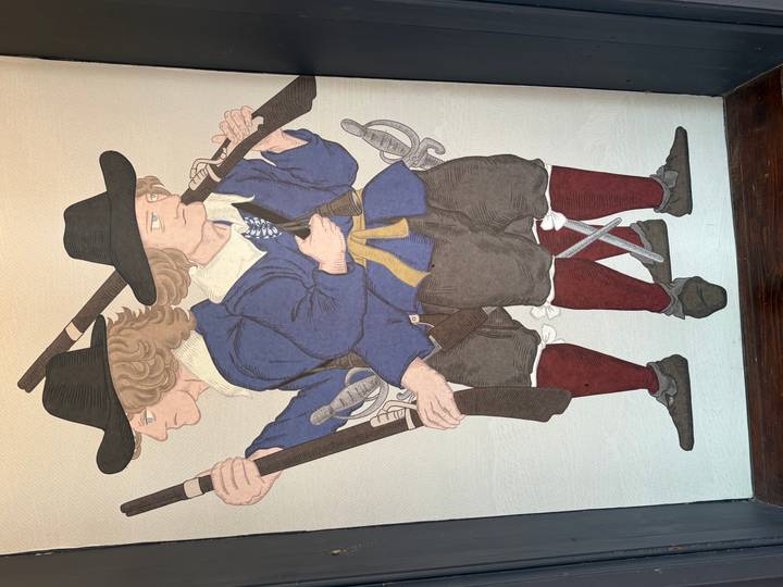 Illustrated panel showing two 17th-century soldiers standing back to back with muskets and swords.