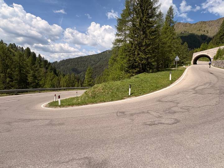 Hairpin bend on alpine road surrounded by dense conifer forest