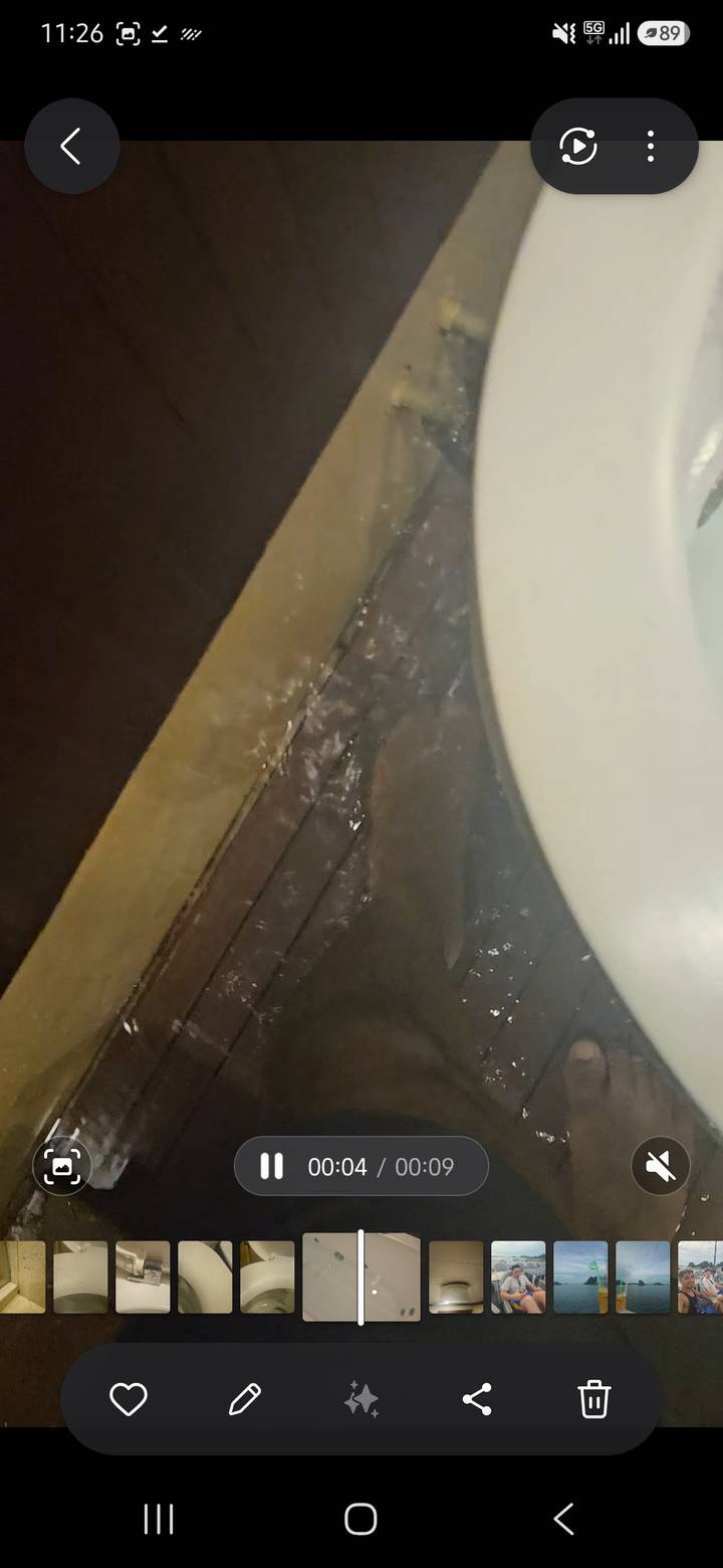 Out-of-focus shot of water on a bathroom floor and toilet base.