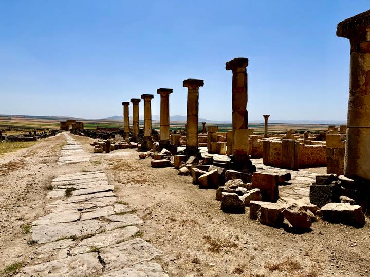 Ruins of a Roman colonnaded street stretching across arid countryside under clear sky.