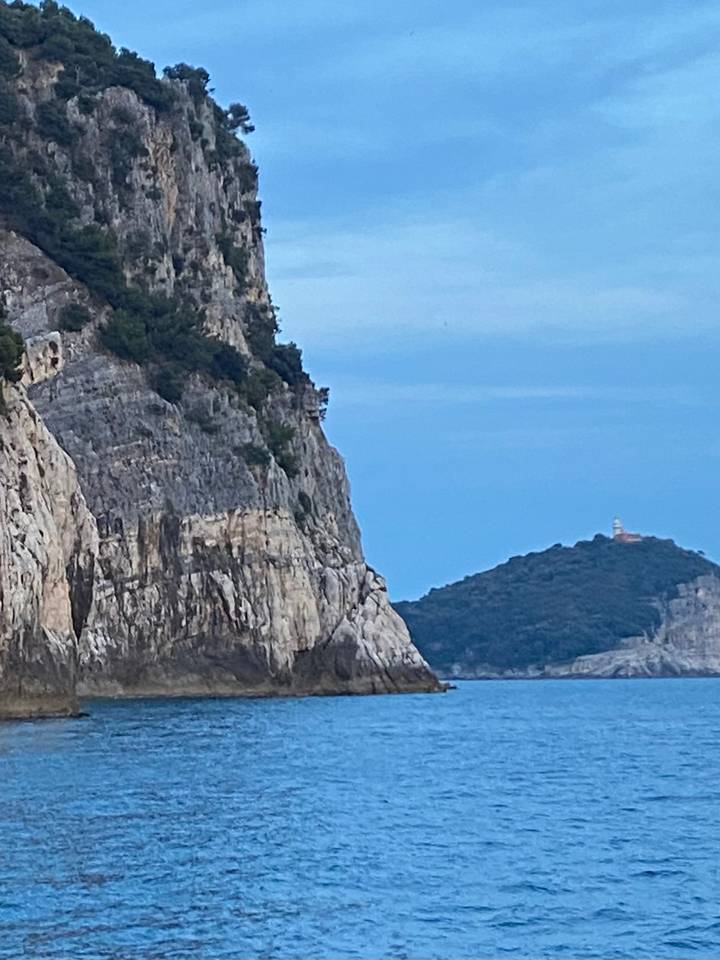 Steep coastal cliff faces a distant, tree-covered island under a pale blue evening sky.