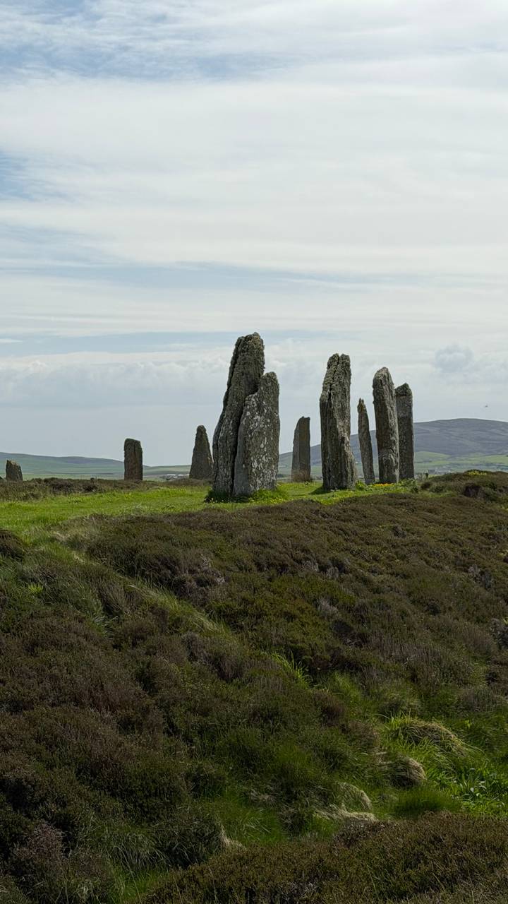 Ancient standing stones rising from heathland with rolling hills in the background