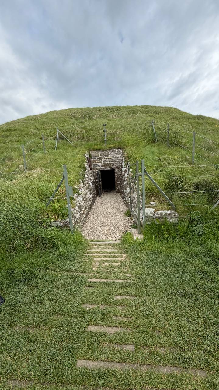Stone passageway entrance descending into a grassy mound tomb lined with metal fencing
