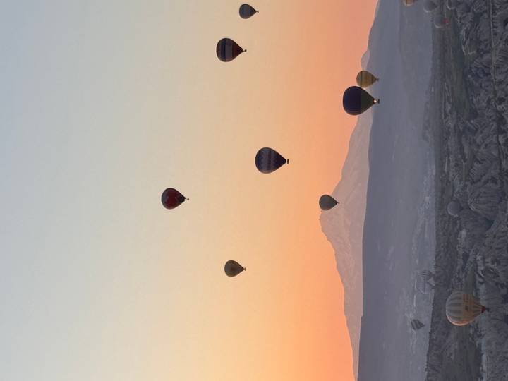Several colorful hot-air balloons drift above a rocky valley at dawn with a snow-capped mountain silhouetted against a pastel sky.