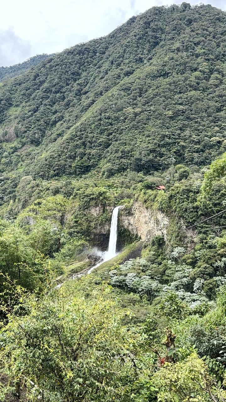 A tall waterfall plunges from a green cliff into a misty pool surrounded by dense forest.