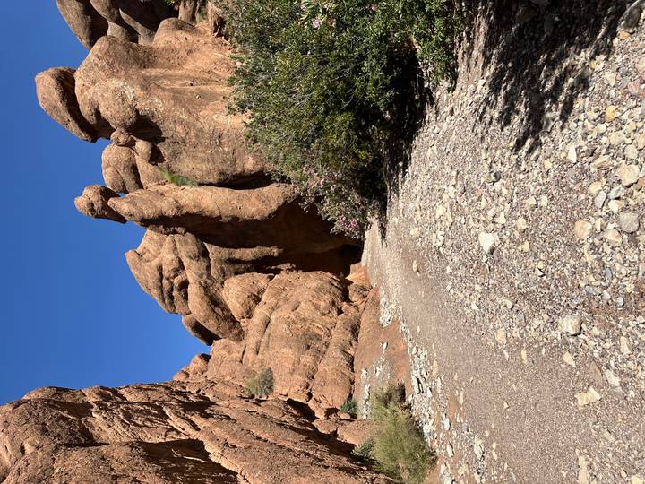 Narrow rocky canyon path with towering red formations and blue sky above.