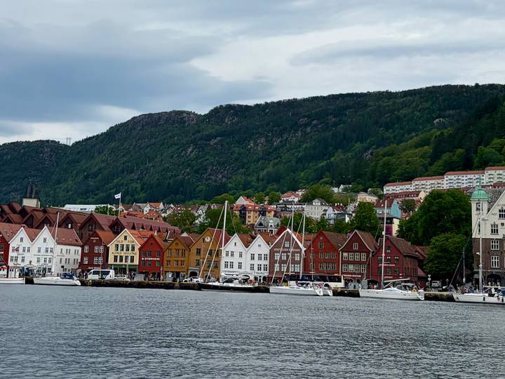 Iconic colourful Bryggen wharf buildings line Bergen’s harbour with forested hills behind.