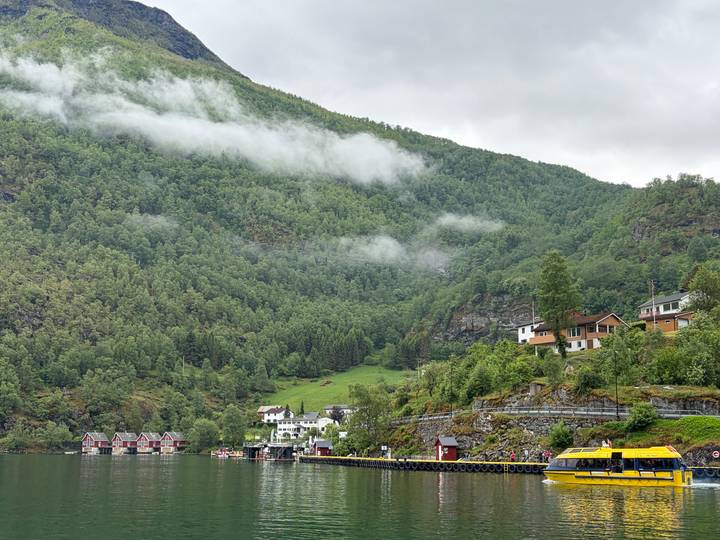 Fjord village with misty green hills, red boathouses and calm water dotted with excursion craft.
