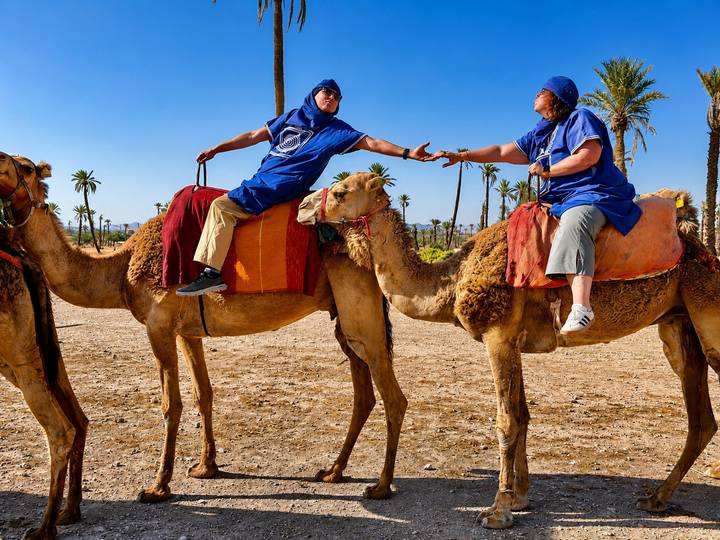 Two travelers in blue attire riding camels through a desert palm grove reach out to clasp hands under a clear sky.