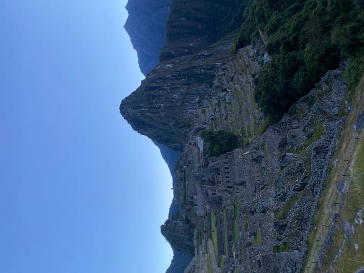 Iconic stone terraces and steep peak of Machu Picchu in early morning blue light.