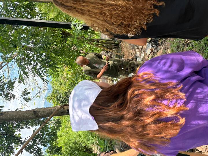 Participants watch a local man demonstrating skills outdoors amid lush greenery.