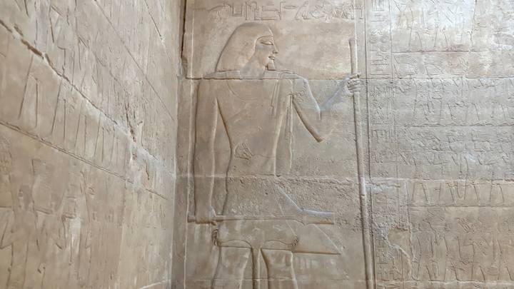 Interior stone wall relief depicting ancient Egyptian figure in profile within temple chamber.