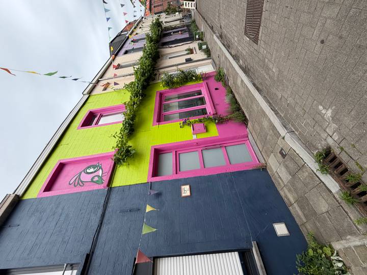 Row of brightly painted houses with bunting and climbing plants along a quiet cobbled street