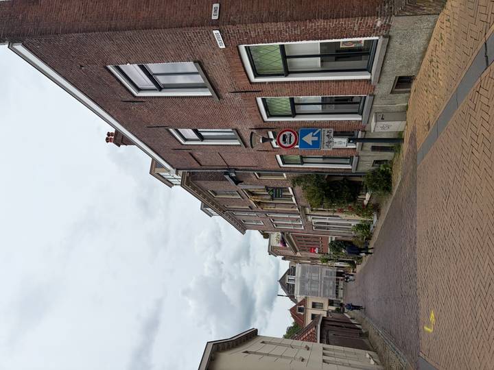 Quiet residential Dutch street lined with brick townhouses and cloudy sky above.