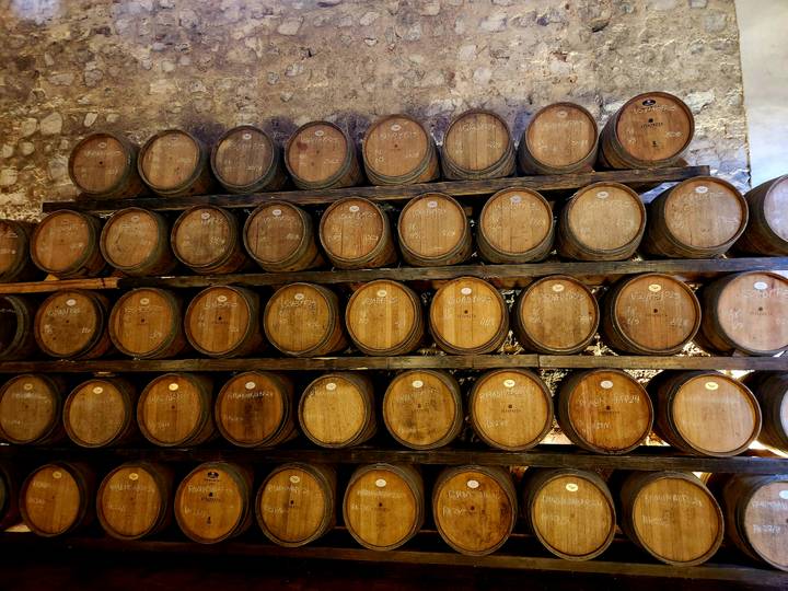 Rows of ageing wooden barrels stacked inside a wine cellar