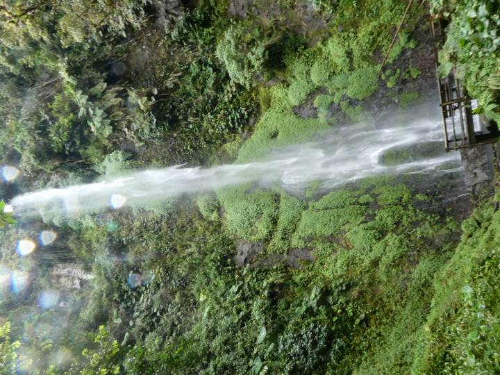 Tall slender waterfall plunging down a lush mossy cliff into a wooden viewing platform