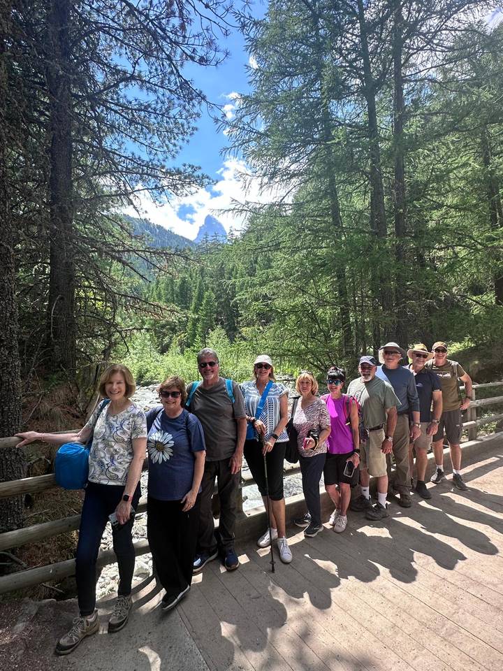 Group of hikers on a forest bridge with alpine peaks in the background.
