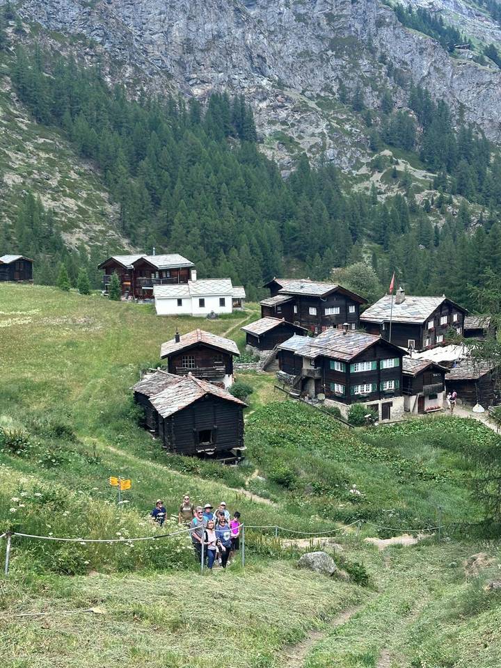 Traditional dark-wood alpine village cabins scattered on a grassy hillside.
