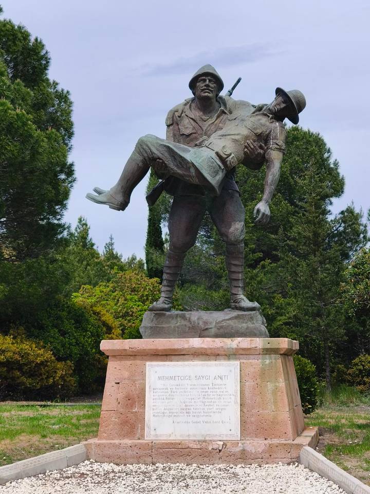 Bronze statue of a soldier carrying a comrade stands among evergreen trees.