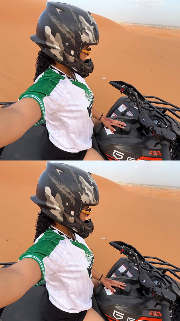 Split image shows rider on an ATV and a desert helmet against rolling dunes, poorly framed.