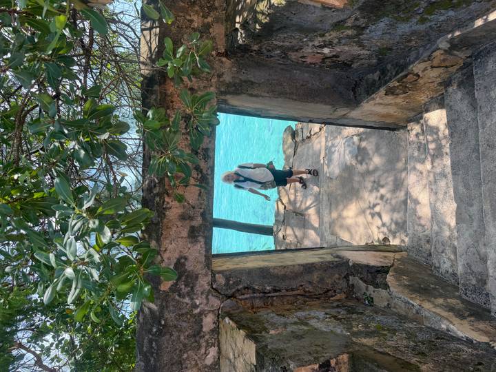 Traveler descends stone steps through a doorway toward bright turquoise sea framed by leafy branches.