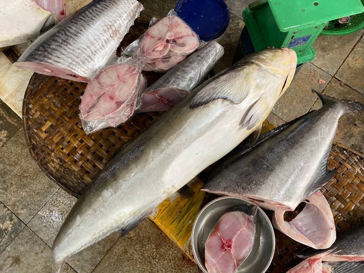 Freshly cut fish and large whole catch displayed on a woven mat at a wet market.