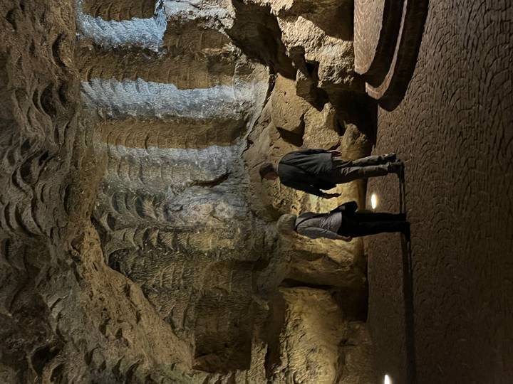 Two visitors observe textured rock formations inside a dimly lit cave chamber.