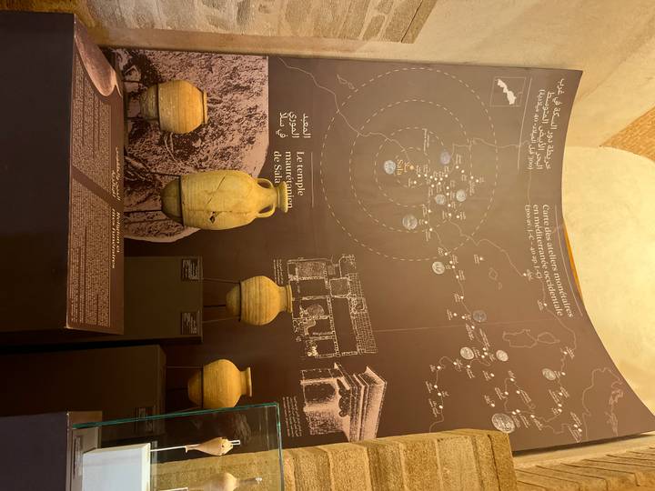 Close-up of museum panel map with ancient amphorae on pedestals.