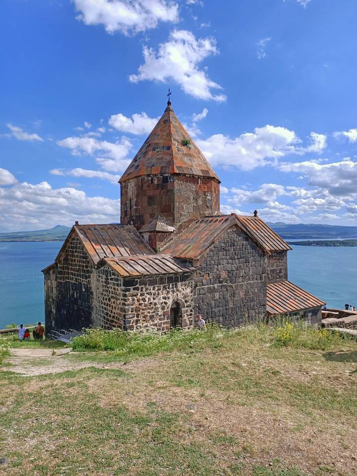 Sevanavank monastery perched above the blue waters of Lake Sevan