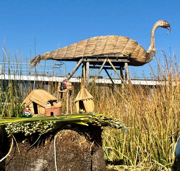 Crafted reed miniature village displayed with tall totora reeds and a reed boat structure behind.