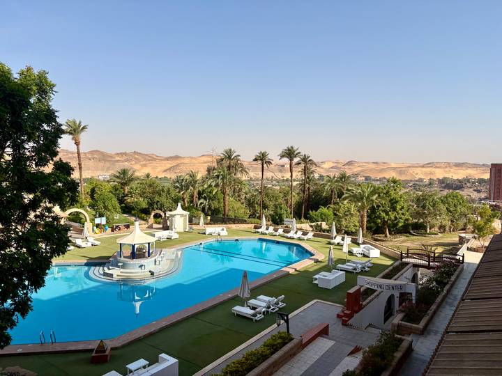A resort pool overlooks palm trees and desert hills under a clear sky.