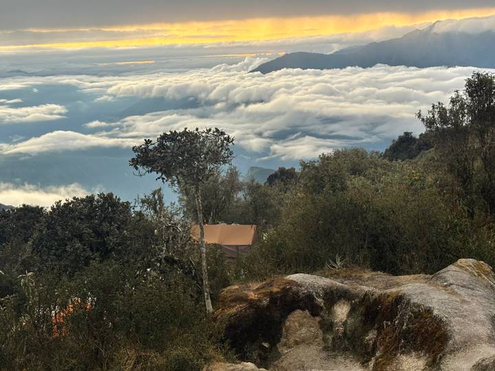 Elevated cloud forest campsite above blanket of clouds with Andean peaks in distance.
