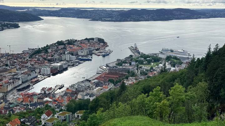 Panoramic view from a hillside over Bergen city, its harbor, cruise ships and surrounding fjords under moody skies.