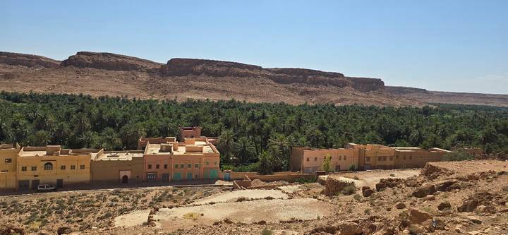 Line of pastel buildings fronting a lush palm oasis backed by rugged arid cliffs under a bright sky.