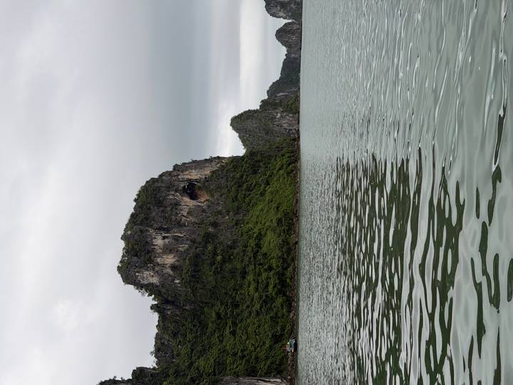Dramatic limestone karst cliffs rise above calm, green water under an overcast sky in Halong Bay.